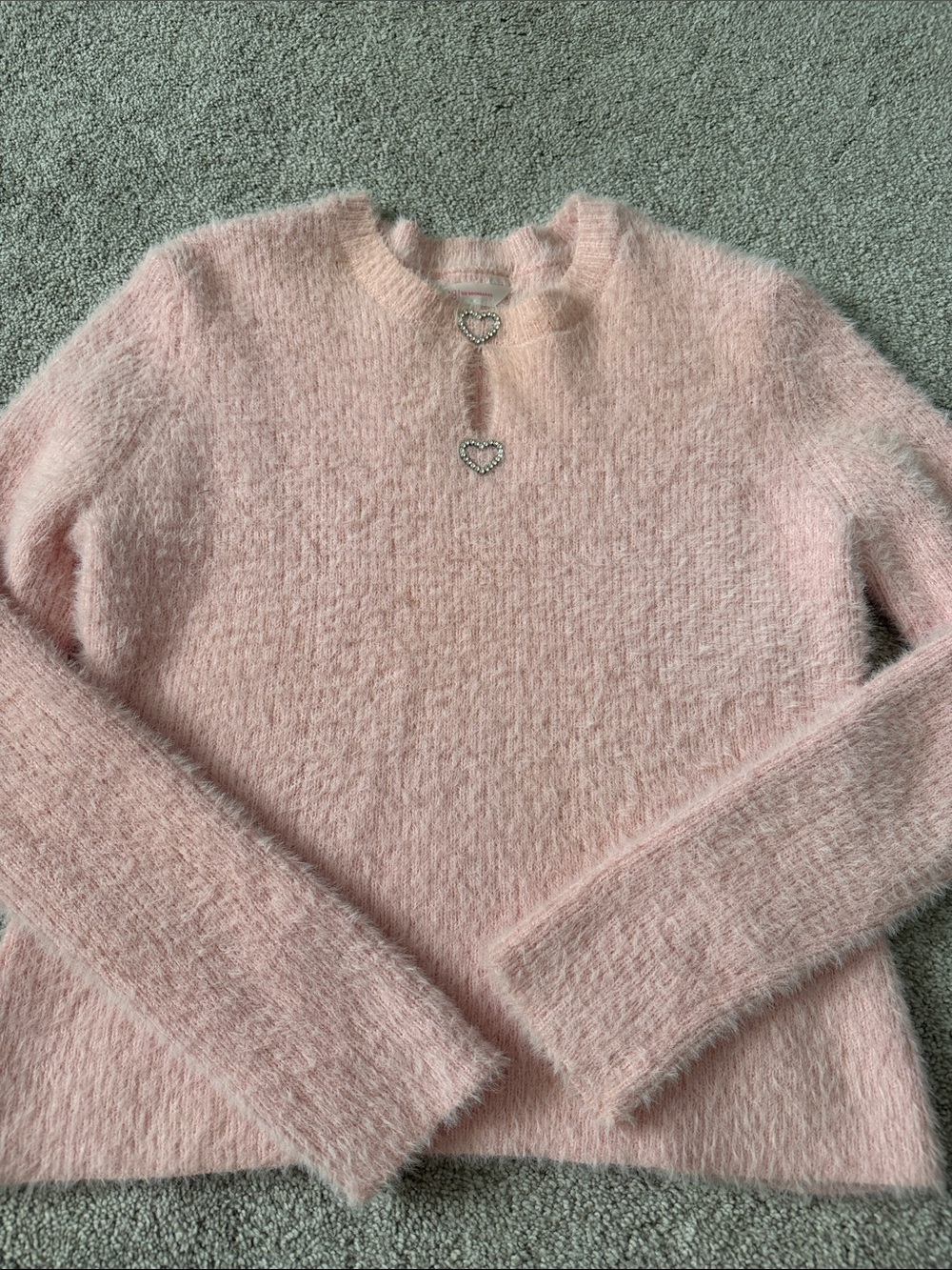 No Boundaries Soft Pink Fuzzy Crewneck Sweater with Heart Accents